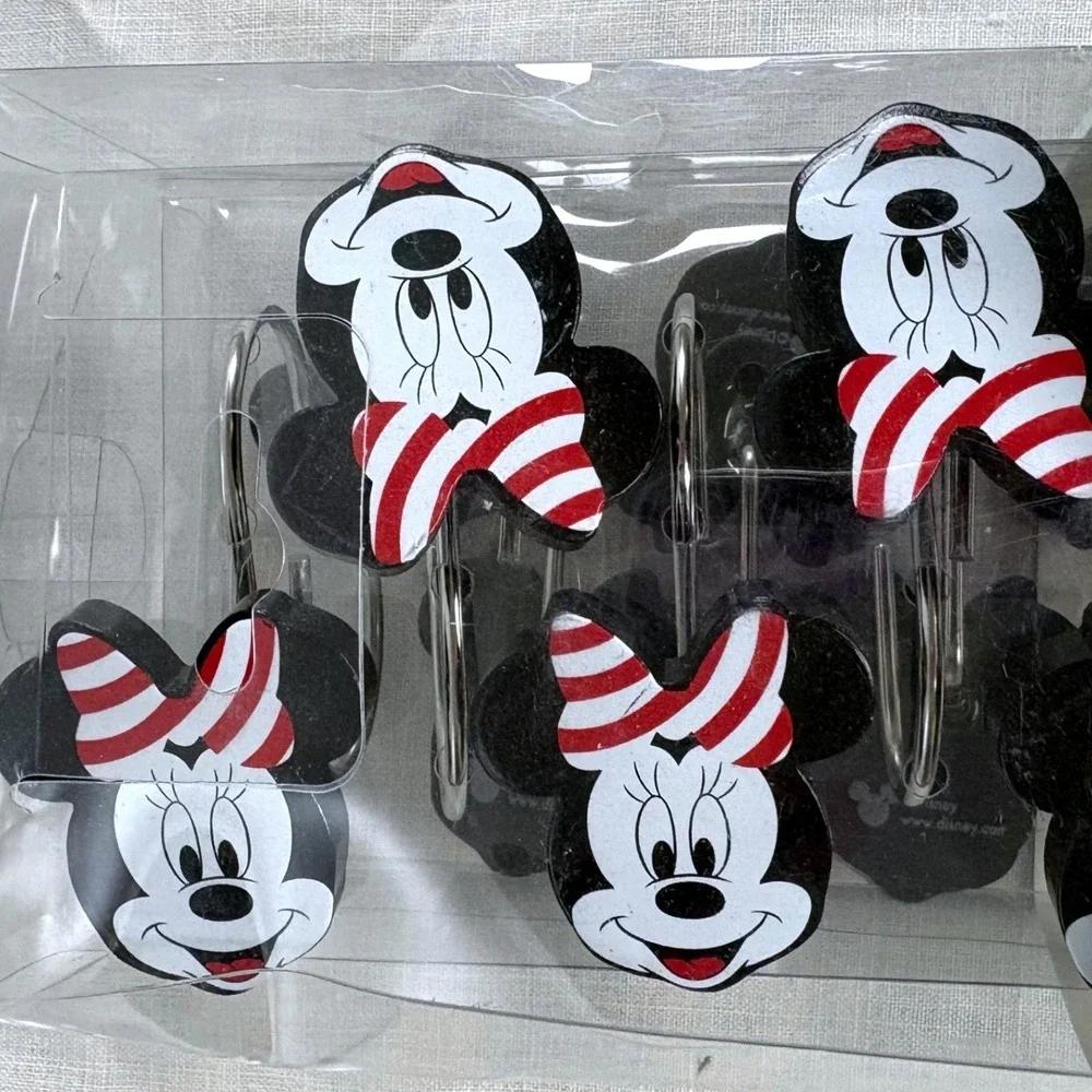 Disney Minnie Mouse Holiday Peppermint Bow Shower Curtain Hooks Set of 12 NEW